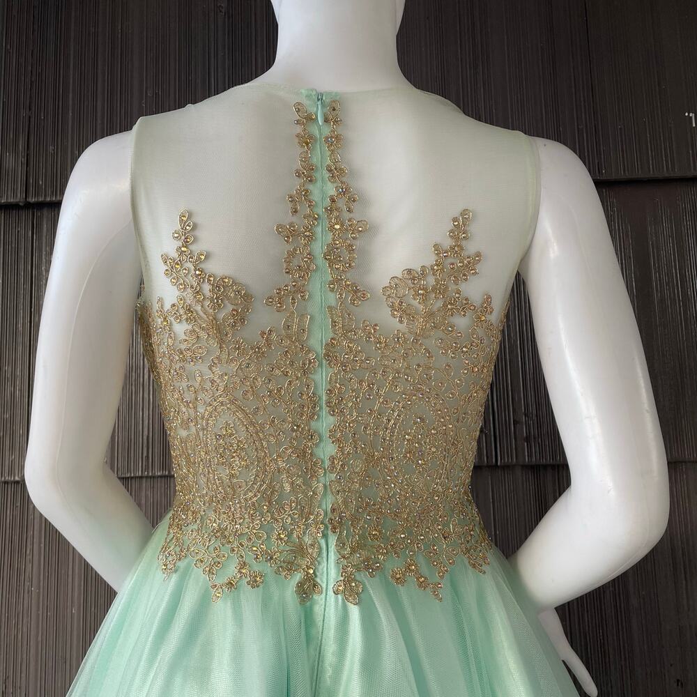 🔥Let’s Aqua Mesh Illusion Neck Gold Lace Appliqué Tulle Party Babydoll Dress - Picture 9 of 16